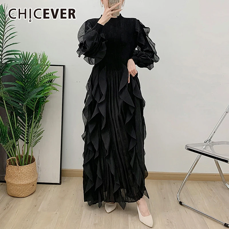 

CHICEVER Solid Patchwork Ruffels Women's Long Dresses O Neck Lantern Sleeves High Waist Spliced Zipper Pleated Dress Female New