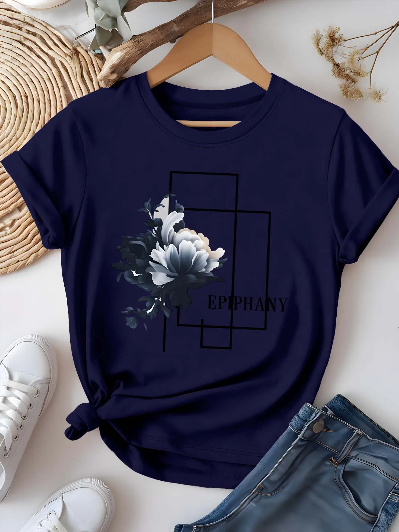 Koszulka Plus Size Artystyczna Kwiatowa Epifania Graficzna Szykowna Elegancka Literacka Letnia Krótki Rękaw