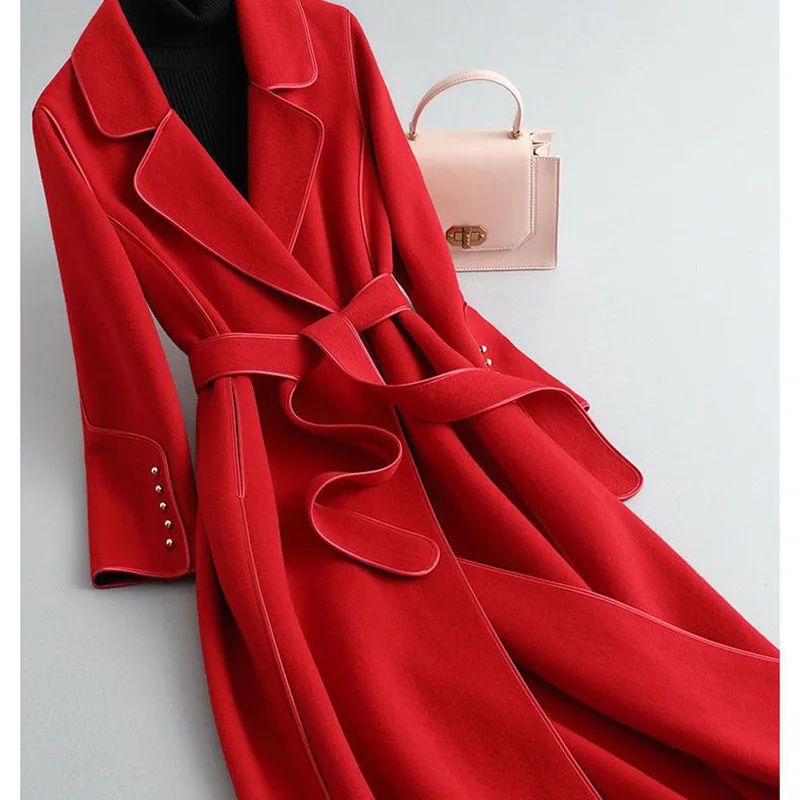 2023 Women's Autumn Winter New Fashion And Atmosphere Korean Version Slim Fit And Waist Wrapped Woolen Double Sided Velvet Coat