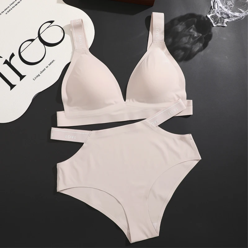 FINETOO Women Seamless Bra Set Sexy Cross Belt Brief Low Waist Panties Wireless Padded Bralette Suit Lingerie Backless Underwear