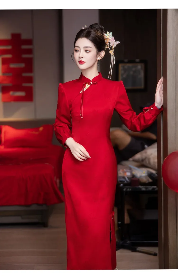 

Китайское красное платье Cheongsam с длинным рукавом для свадьбы и помолвки, женское длинное свадебное платье Qipao для тостов