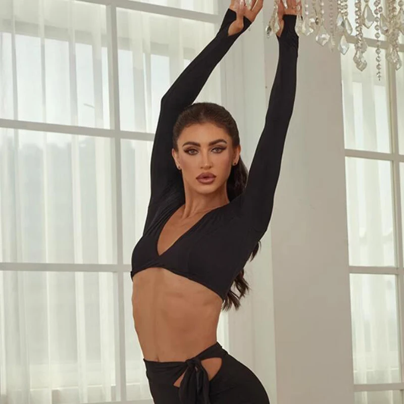 Volwassenen Samba Chacha Latin Dans Kostuum Vrouwen Sexy Lange Mouwen Latin Tops Dames Rumba Salsa Latin Dance Party Kleding SL11562