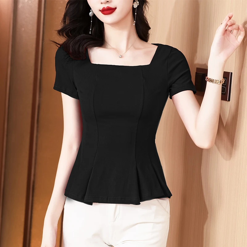 Womens t-shirts Summer Korean style Square neck short sleeve slim tops womens stretchy pleated tee shirt femme