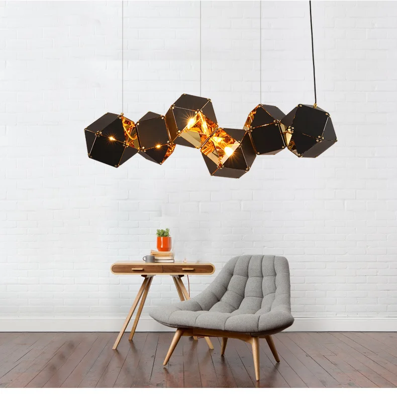 

Postmodern, special-shaped multi-headed minimalist chandelier bar, stainless steel polyhedron Rubik's Cube DNA molecule, lamp