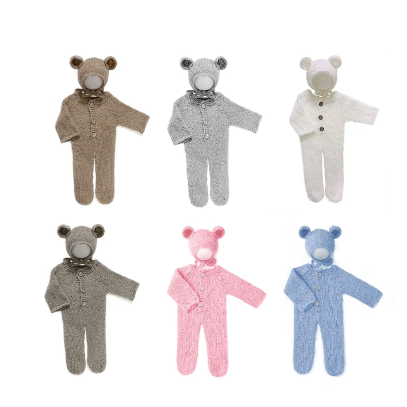 Lovely Newborn Photography Props Boys Girls Outfits Mohair Bear Hat Bonnet & Footed Romper Bodysuit Photoshoot Costume