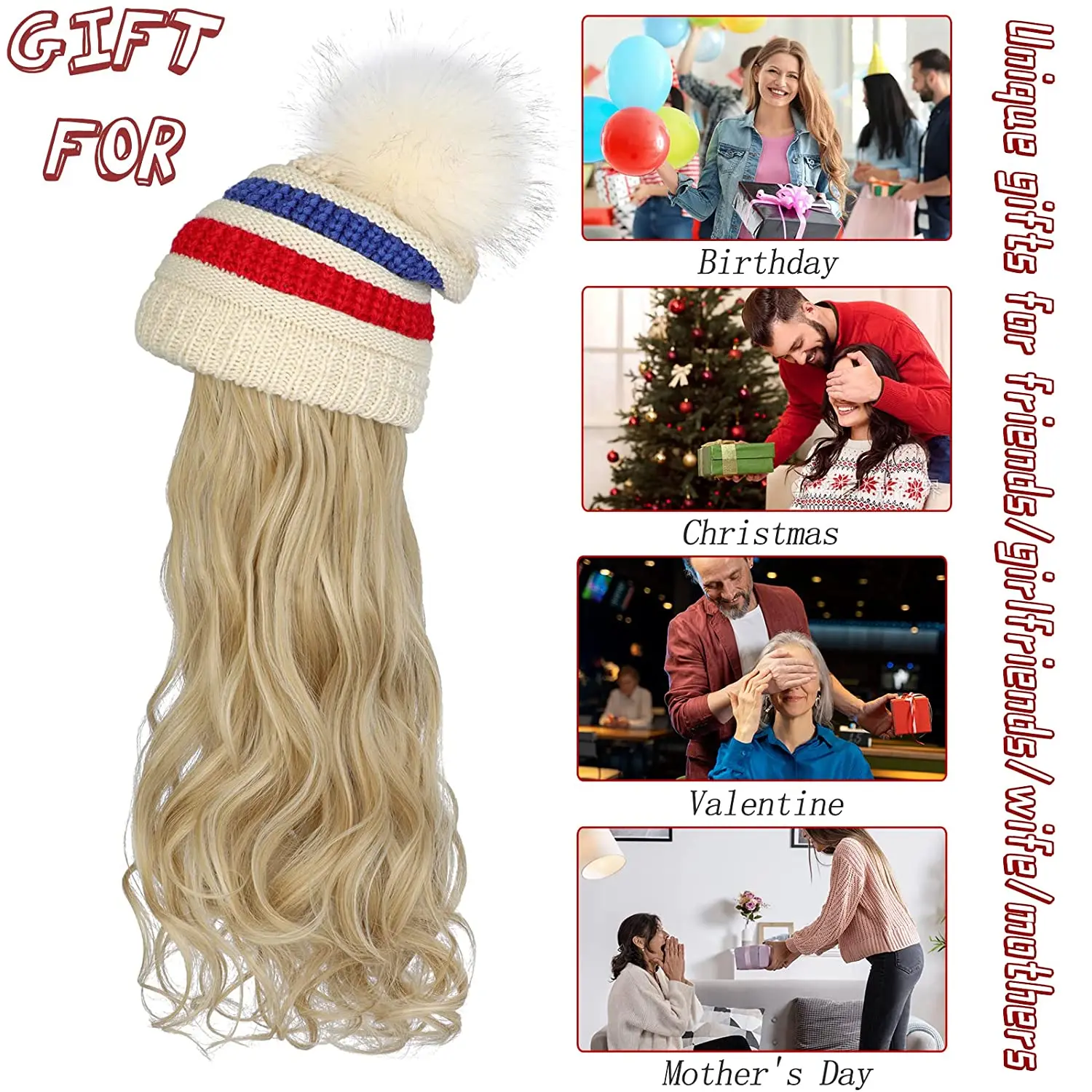 Shangzi Hat Wig Synthetic Long Wavy Wigs with Beret Hat Knitted Fashion Red Whith Autumn Winter Cap Hair Wig Hair Extensions