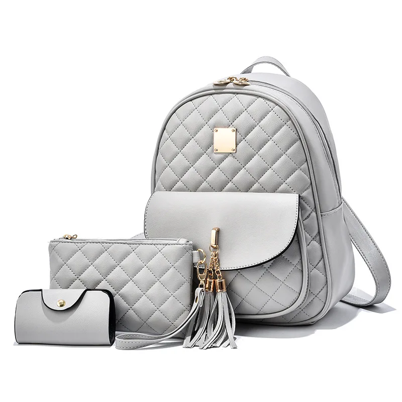 3pcs Argyle Quilted Backpack, Fashion Mini Daypack With Wristlet Clutch Bag And Credit Card Holder