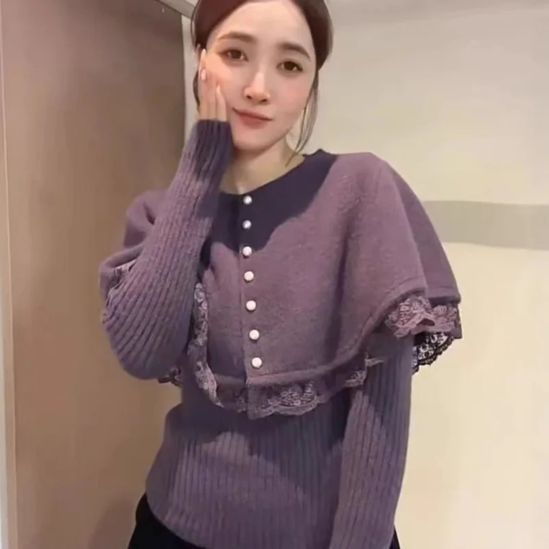 

Милый кашемировый топ и накидка с французской кружевной отделкой, комплект из двух предметов, элегантный вязаный длинный комплект