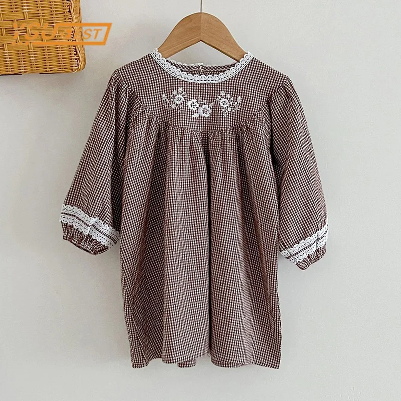 Frühling Herbst Kinder Baby Mädchen Langarm süße Blume Stickerei Prinzessin Kleid Baby Mädchen Gitter Kleid Kinder Kleidung Kleid