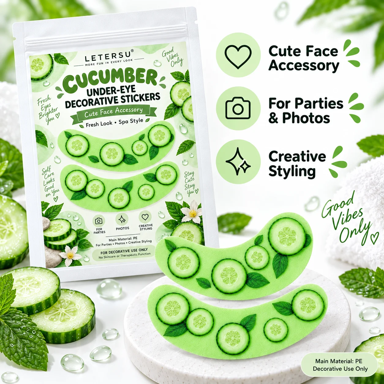 4PCS Cucumber Under Eye Stickers, Cute Green Eye Patches, Spa Style Face Makeup Decorations for Women, Party Photos