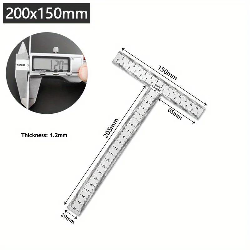 1Pc Integrated Stainless Steel T-shaped Ruler with 90 Degree Right Angle and Thickened Scale T-shaped Engineering Ruler