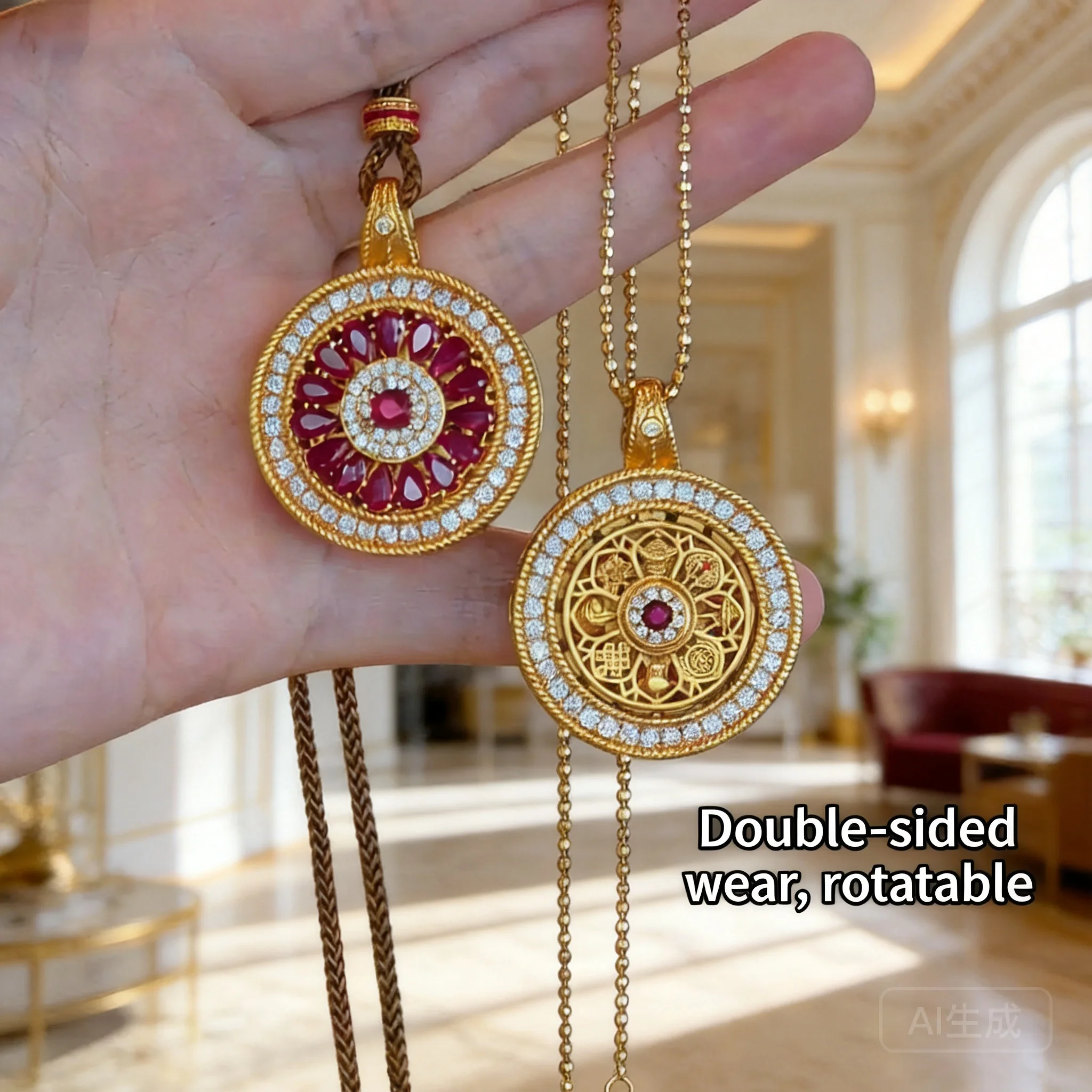 

2026 Rotatable Double Sided Gold Plated Necklace Chinese Style Zircon Ruby Rose Window Eight Treasures Compass Pendant Clavicle