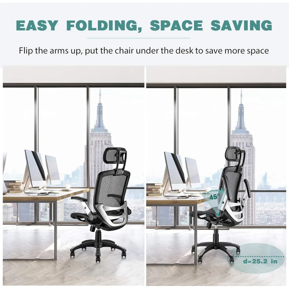 Ergonomic Mesh Office Chair,High Back Desk Chair-Adjustable Headrest with Flip-Up Arms,Tilt Function,Lumbar Support and PUWheels