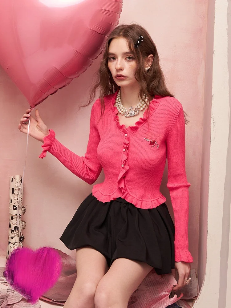 

Sweet Fitted Women's Knitwear V-ne Embroidered Gathered Mood ket Elf's ket Early Spring Faion Casual Sle Long Sve