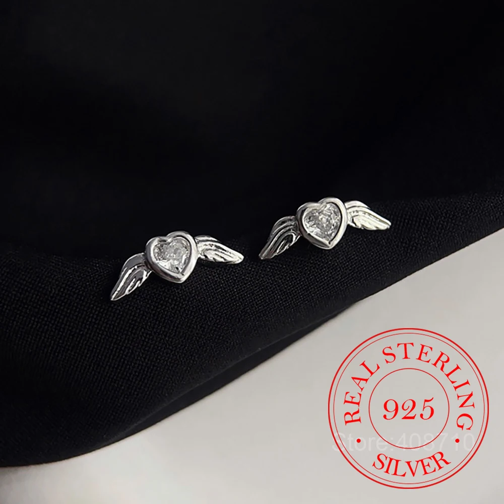 

925 Sterling Silver Jewelry Cute Little Angel Crystal Heart Stud Earrings for Women Wedding Party Jewelry For Girls Friend Gift