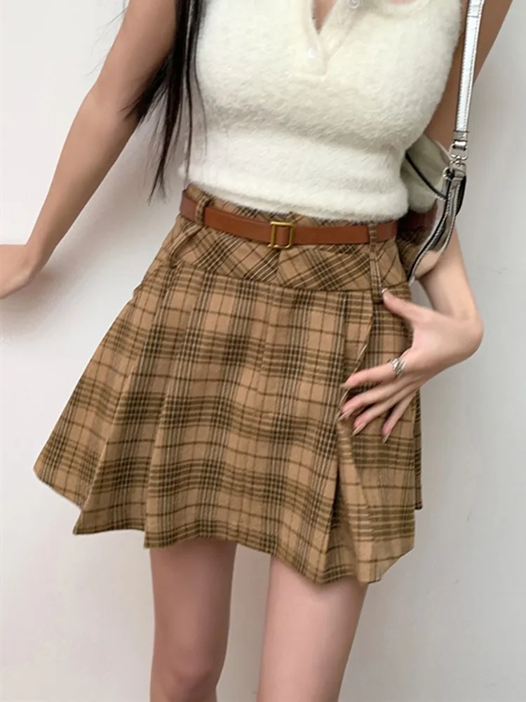 ZHISILAO Vintage Lattice Pleated Skirt Women Woolen High Waist Khaki Plaid Mini Skirt Autumn Winter 2024