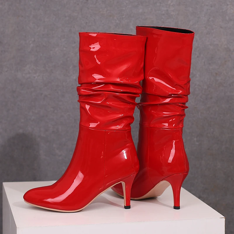 Sexy Patent Leather Pleated Ankle Boots Ladies Winter 2023 High Thin Heels Slip-on Botas Party Shoes for Women Red Black Size 43