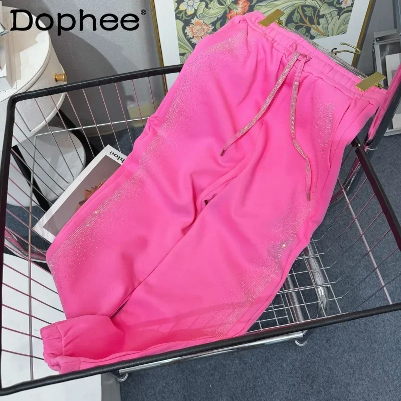 

Fashion Heavy Industry Shiny Hot Drilling Ankle Banded Pants 2023 Winter Fleece Lining Thick Candy Color Warm Sweatpants Women