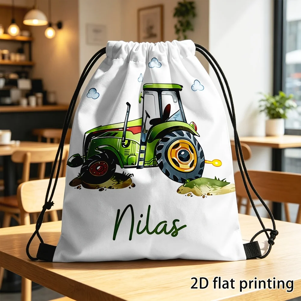 1Pc Personalized Tractor Pattern Custom Text/Name Drawstring Bag, Lightweight Travel Sports Bags Gym Sack Storage Backpack