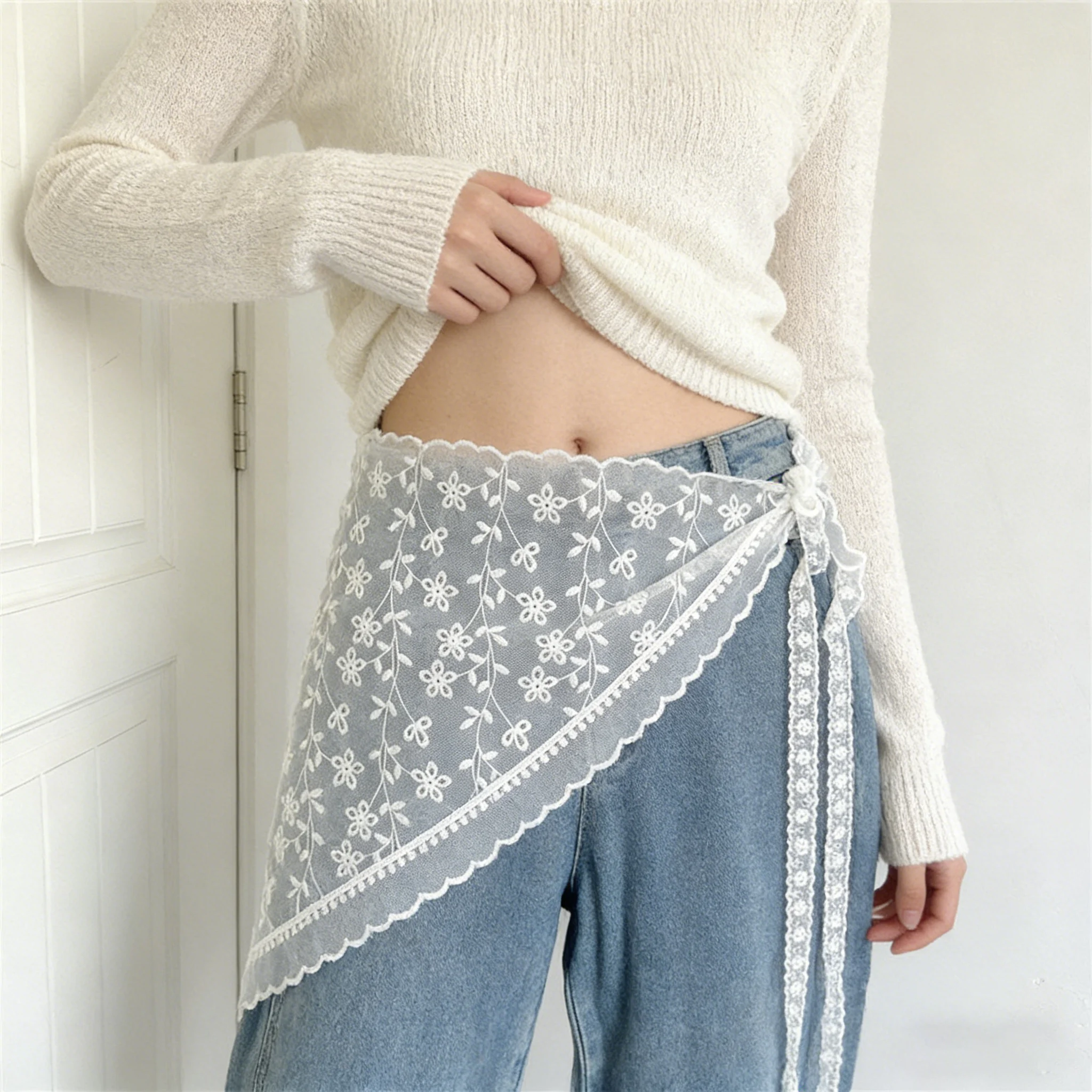 

Новая женская треугольная накидка-платок с бантом, цветочным узором, из белой сетчатой ткани, с кружевом, асимметричная, для юбок, брюк и джинсов