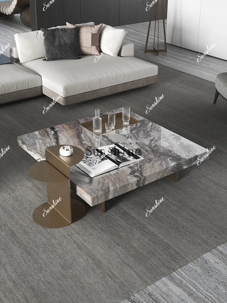 

Light luxury square natural marble high artistic sense living room household stainless steel coffee table TF