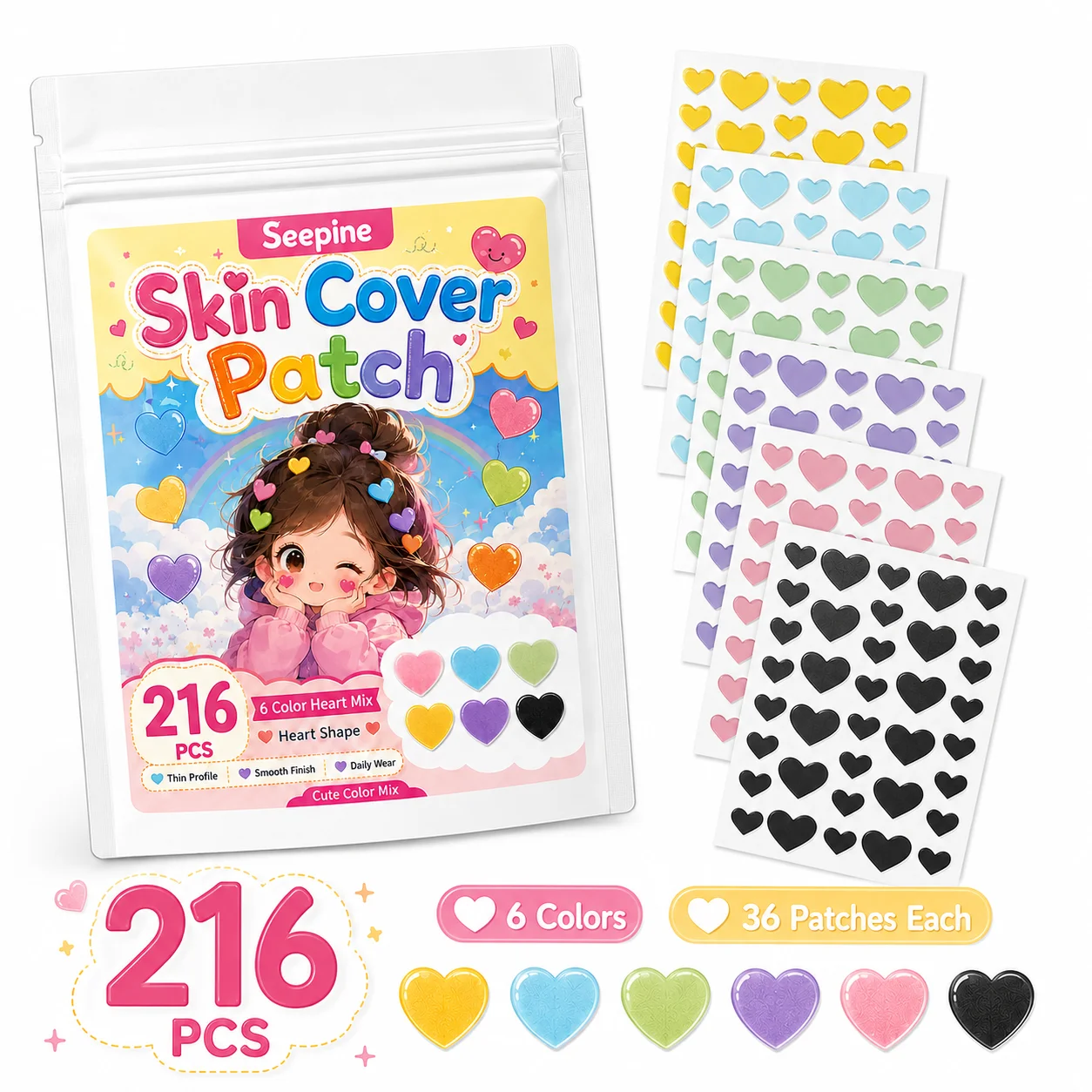 216pcs Cute Heart Patches in 6 colors, for Facial Coverage, Conceals, Blocks Dust, Powder-Proof