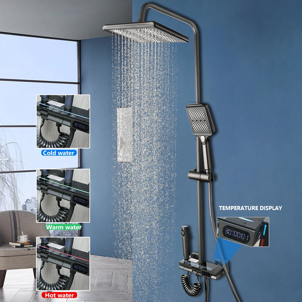 YANKSMART Bathroom Shower Faucet Set Gun Grey Digital Display Wall Mounted 4-way Rainfall Showers System Mixer Chuveiro Banheiro