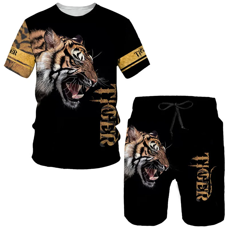 Camisetas e shorts masculinos com estampa tigre 3D, fatos de treino animais, camiseta e calça de manga curta extragrande moda, roupas masculinas