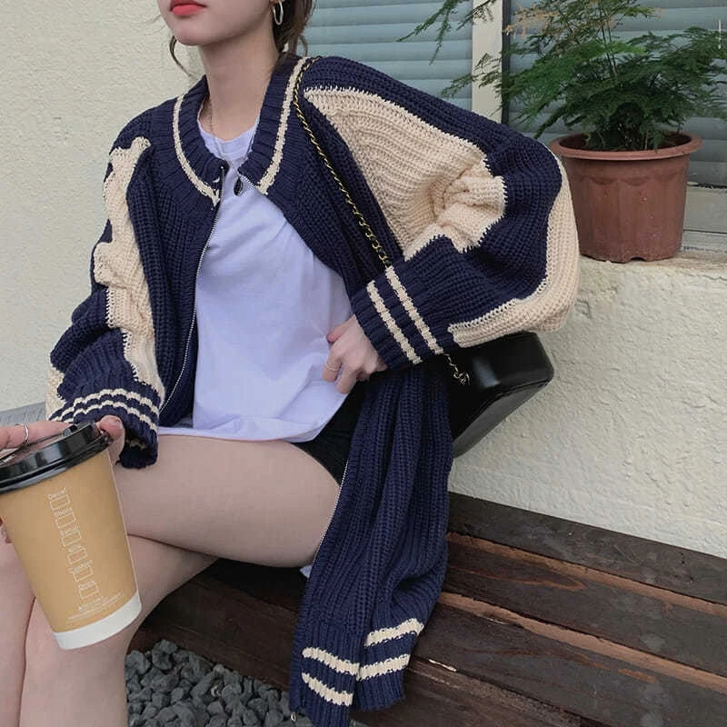 

MEXZT Harajuku Striped Knitted Cardigan Women Oversized Patchwork Sweater Coat Streetwear Vintage Knitwear Korean Zipper Jumper