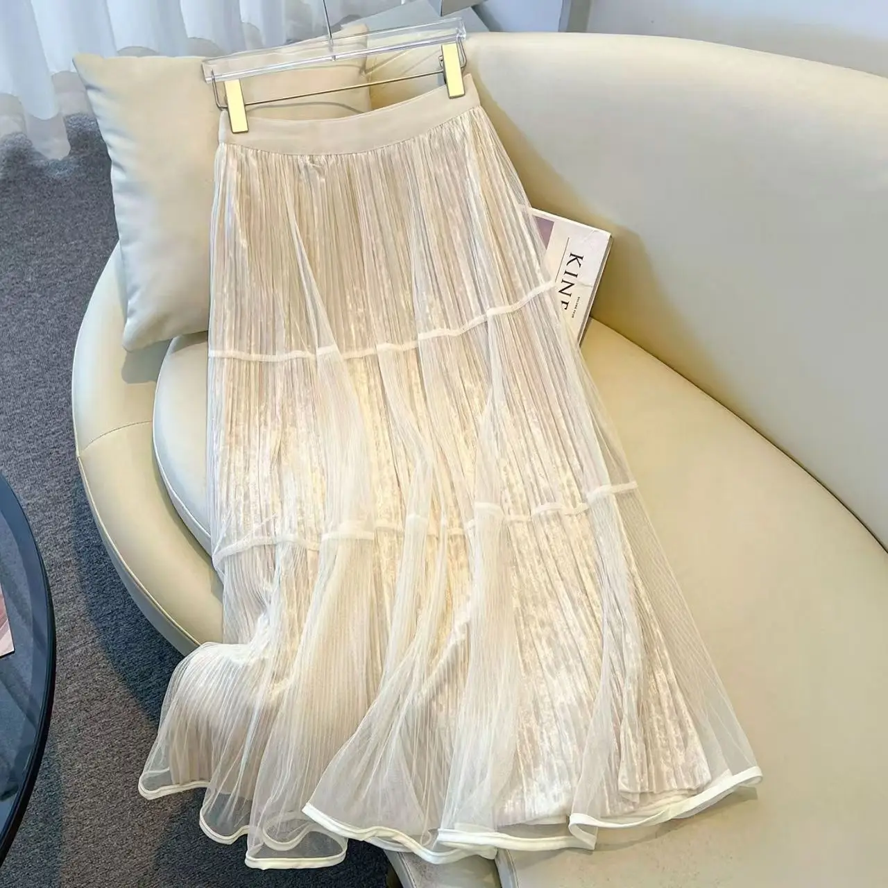 2025 Spring Fall Women Stretchy High Waisted Beige Black Khaki Mesh Long Skirt , Woman Fashion Patchwork Velvet Skirts