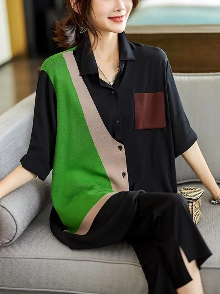 

Fashionable Oversized Shirt, European High-end Patchwork Short Sleeved Top, Women's Summer New 2024