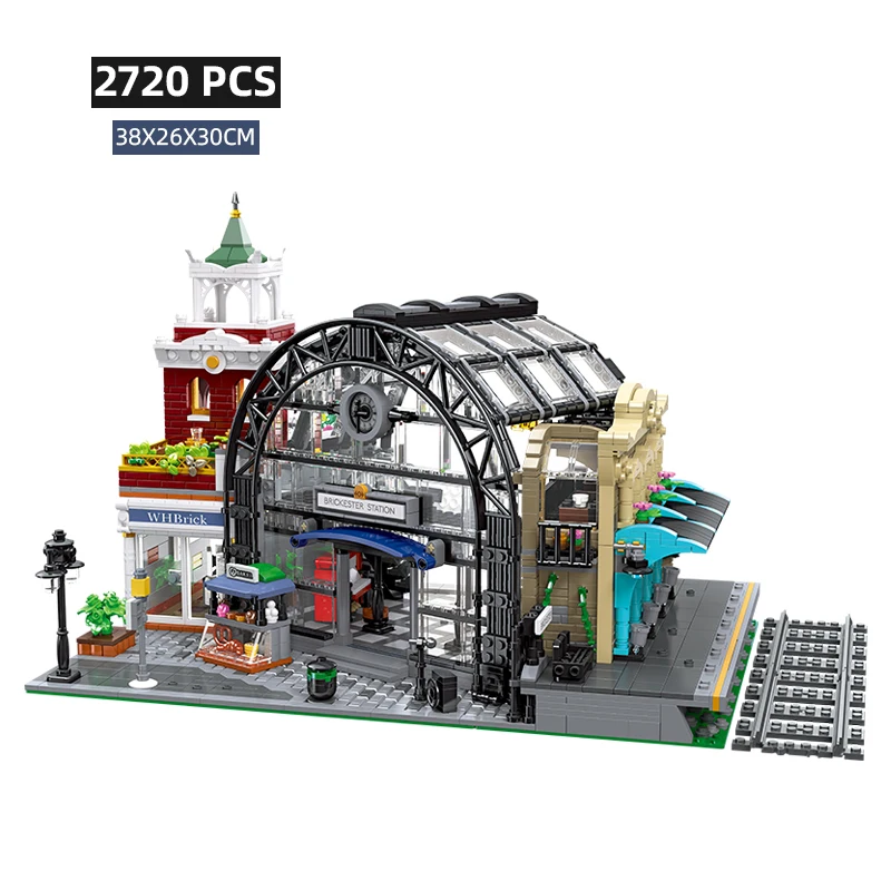 Retro Architectuur Trein Uitwisseling Station Het Vergaderpunt Bouwstenen Straatbeeld Bakstenen Speelgoed Compatibel met LEGO