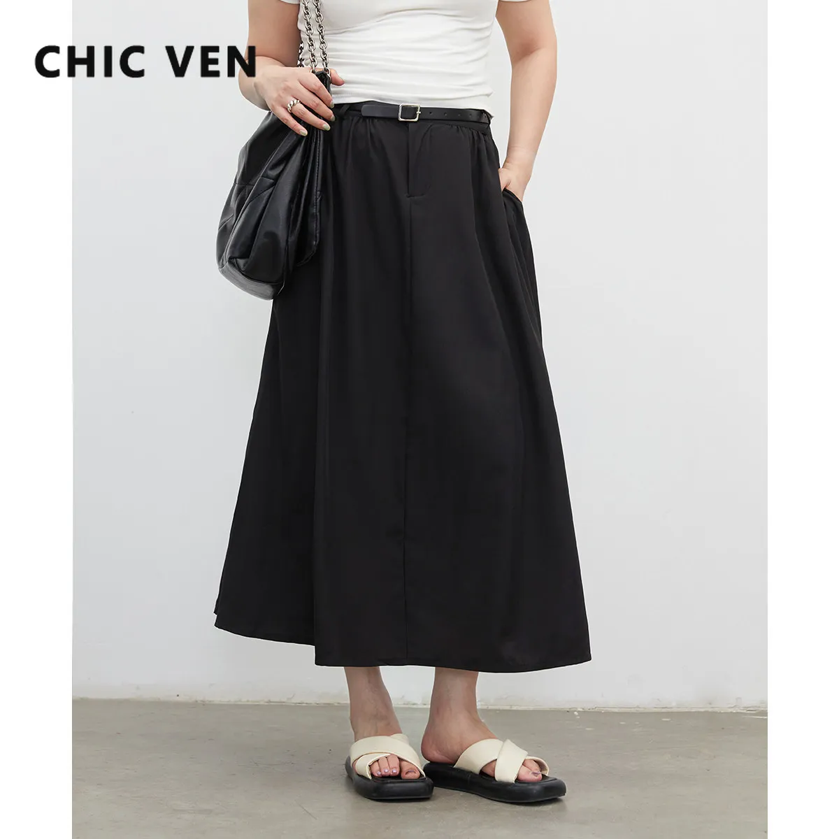 CHIC VEN Women Skirts Fashion Solid High Waist A-line Long Skirt Casual Loose Basic Female Half Skirt Autumn New 2026