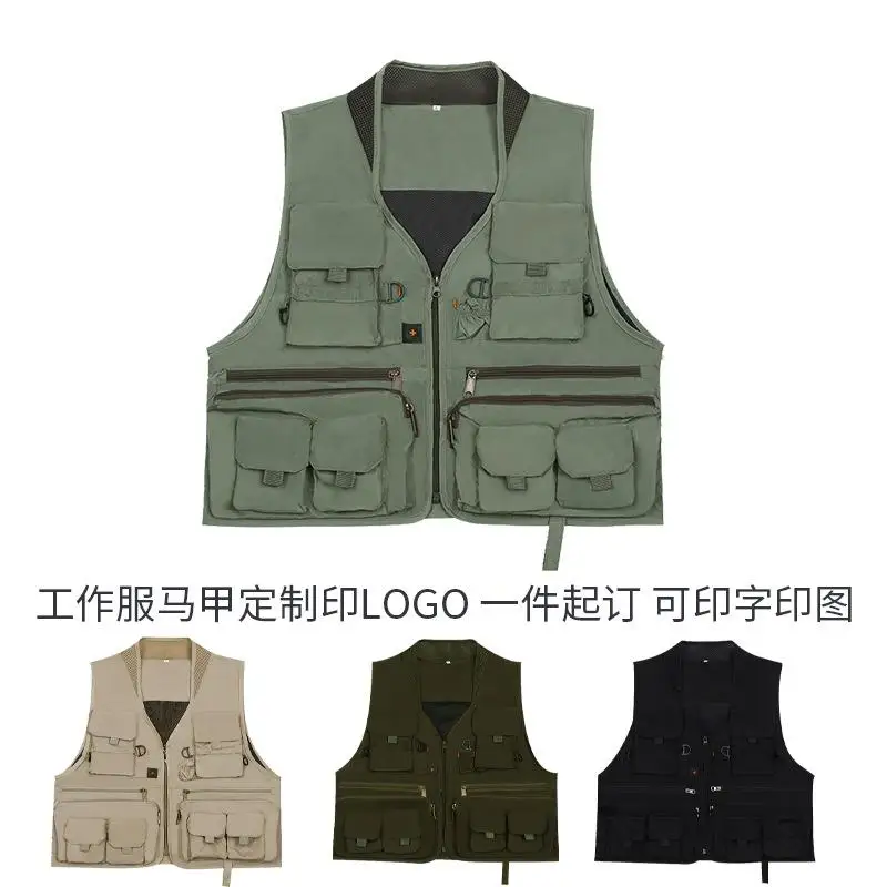 Men's Hunting Vest Logo Safety Working Fishing Shooting Red Tactical Vest Multi Pocket Photography Waistcoat Clothing