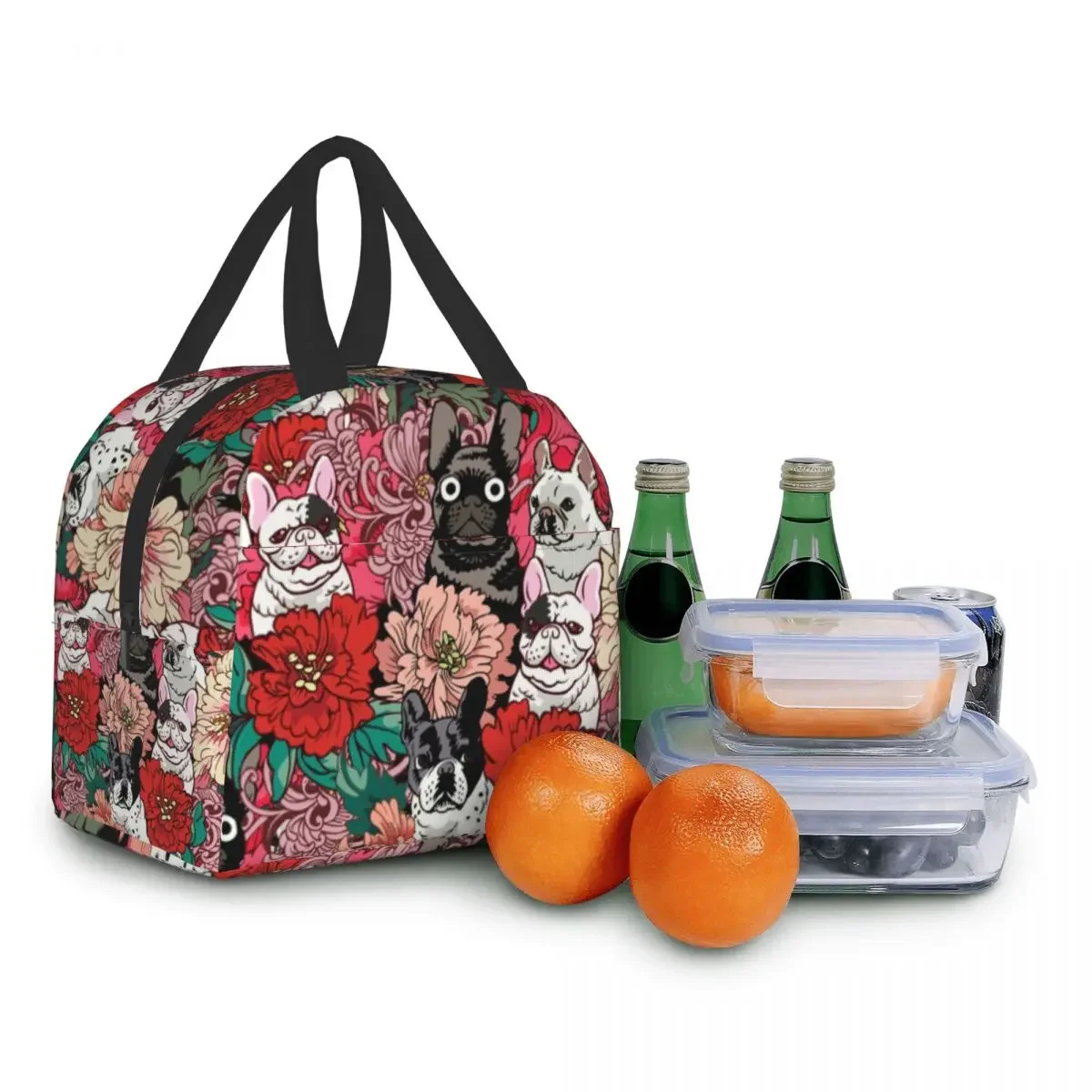 Aangepaste bloemen Franse Bulldog lunchtas voor mannen vrouwen thermische koeler honden patroon geïsoleerde lunchbox voor kinderen schoolkantoor