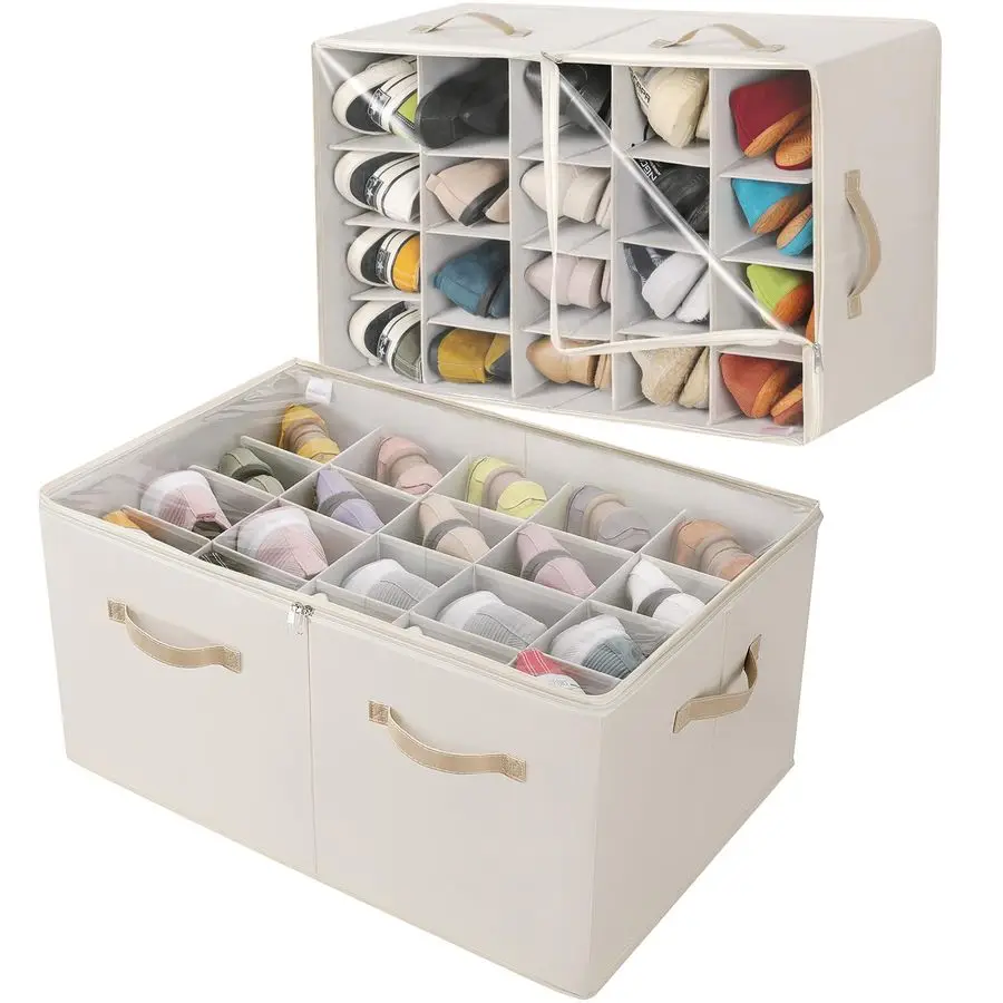

Organizer for Closet 2 Pack, Foldable Shoe Box with Adjustable Divider and Clear Cover, Space Saving Shoe Storage Organizer Cabi