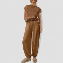 Completi estivi a due pezzi pantaloni maglione lavorato a maglia da donna Set Pullover a maniche corte top pantaloni a vita alta completo Lounge Set Streetwear