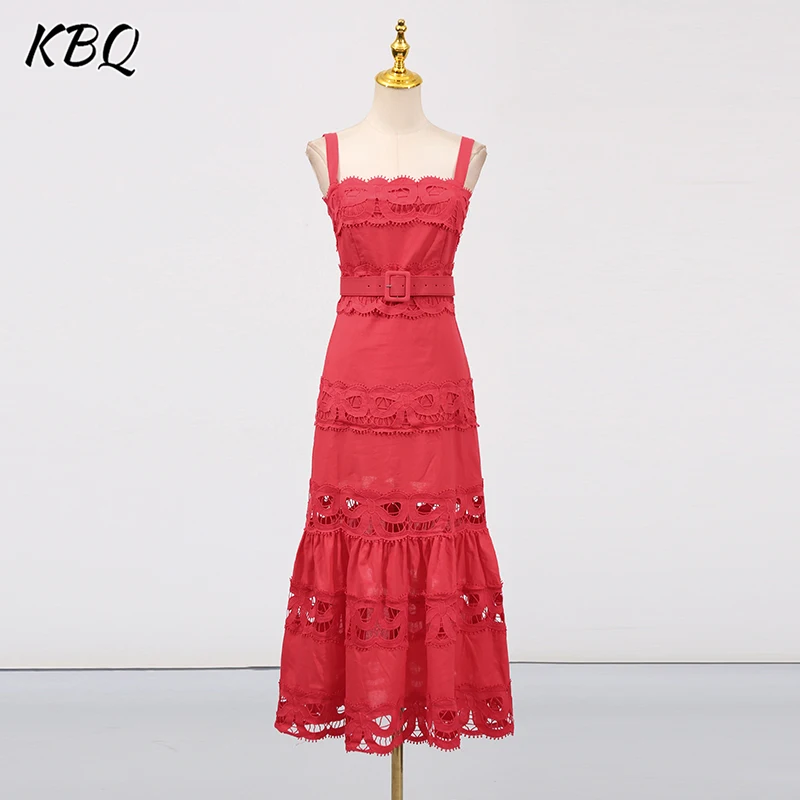 

KBQ Elegant Hollow Out Tunic Backless Long Dress for Women Square Collar Sleeveless Patchwork Sashes High Waist Dresses Female