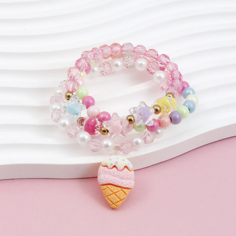 Hot-selling 3-piece Set of Children's Colorful Acrylic Ice Cream Bead Bracelets, Birthday Accessory Gift Box for Girls