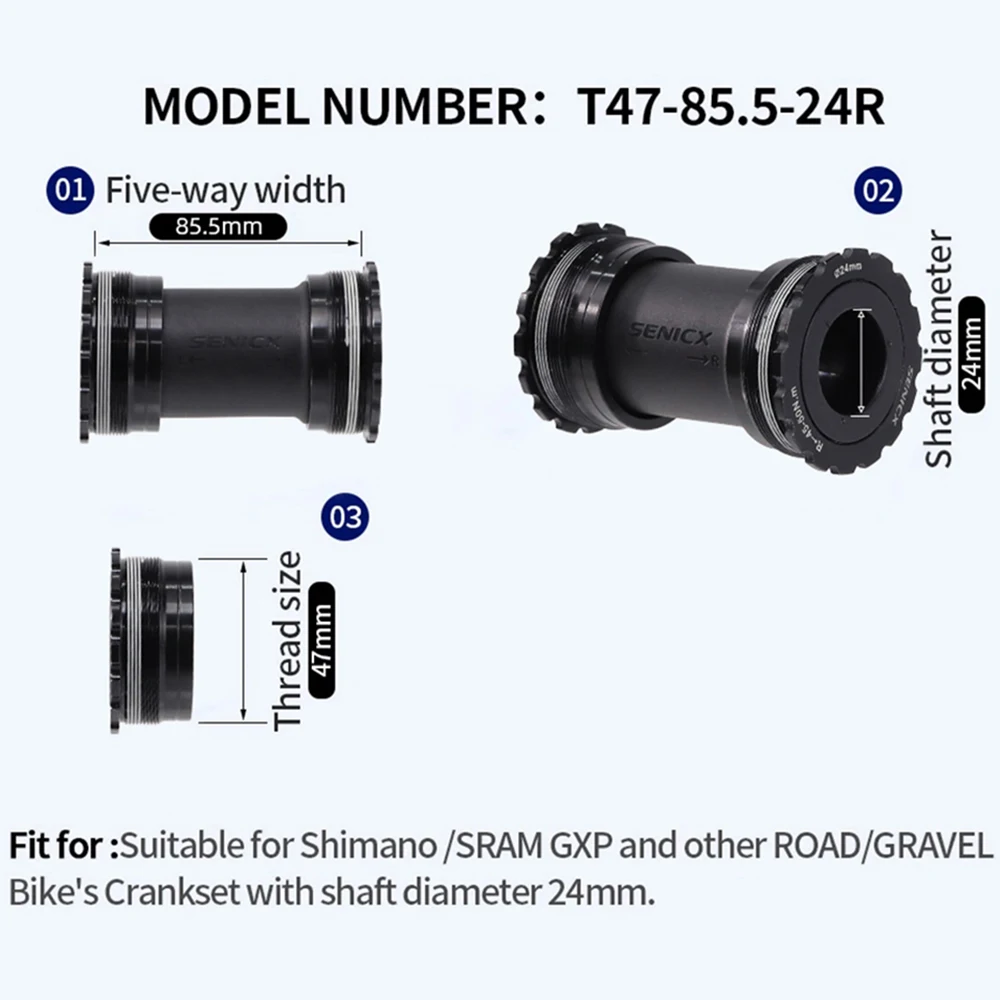 Bike T47 Bottom Bracket Road Bike Bottom Bracket Five-way 85.5mm Axis 24mm T47 BB for Shimano/SRAM GXP Road Gravel Bikes