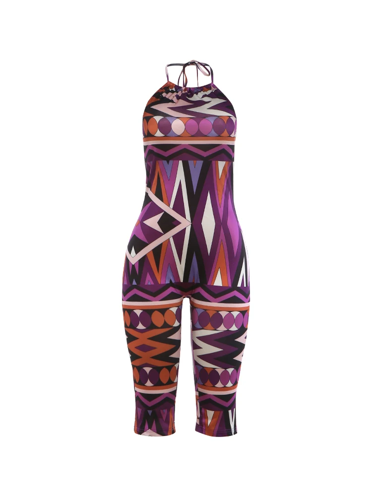 Sisterlinda Print Playsuits Damenmode Neckholder Rückenfrei Ärmellos Pfirsichfarben Hüftbetontes Hot Girl Midnight Club Party Hipster Club Romper – Detail 2