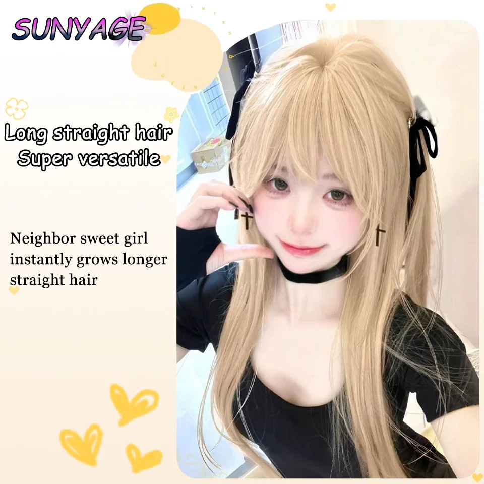 SUNYAGE Wig Lolita lurus panjang sintetis dengan Wig poni anak perempuan Wig Cosplay Ombre merah muda pirang lucu pesta Wig Harajuku Halloween