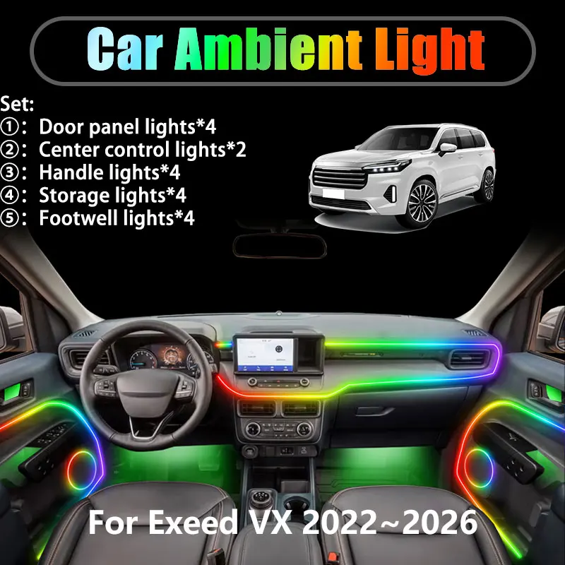 

For Exeed VX 2022~2026 M36T Xtrim VX QX 2/18 in 1 Car ambient lighting Led trunk interior led lights USB RGB Ensemble Streamer