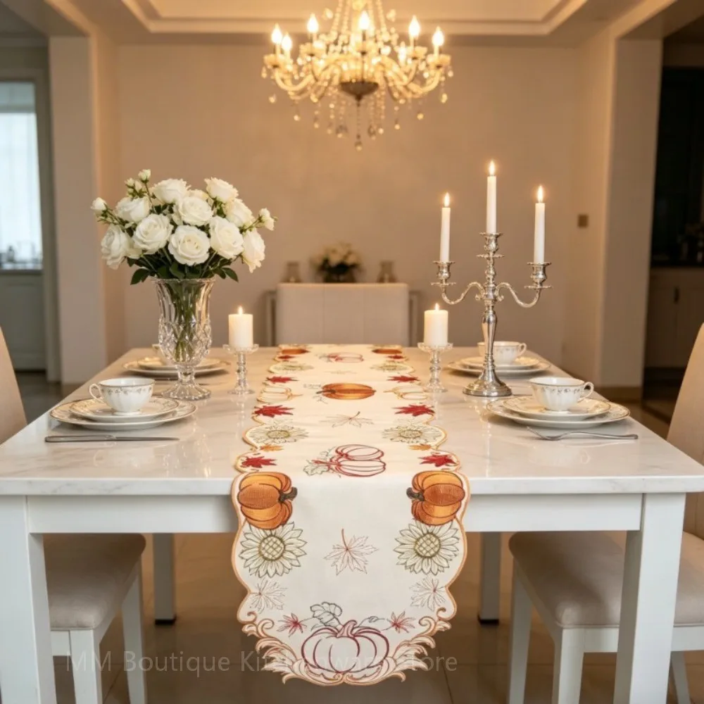 Fall Table Runner Embroidered Maple Leaves Pumpkin Autumn Harvest Decor Thanksgiving Kitchen Table Decor for Wedding Party