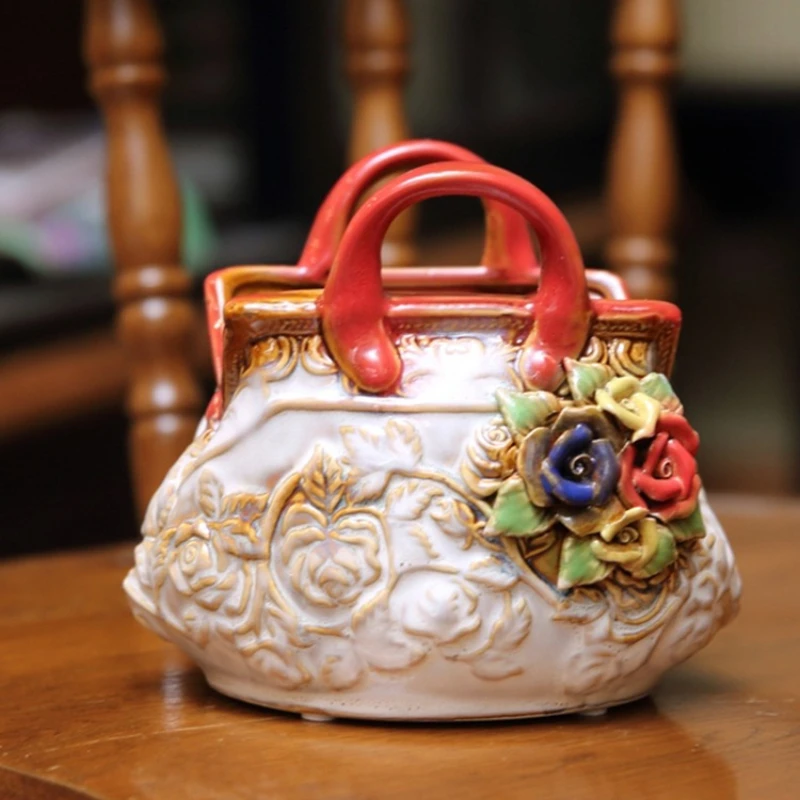 

European pastoral handmade rose relief glazed bag decorative container flower ware ceramic small ornament