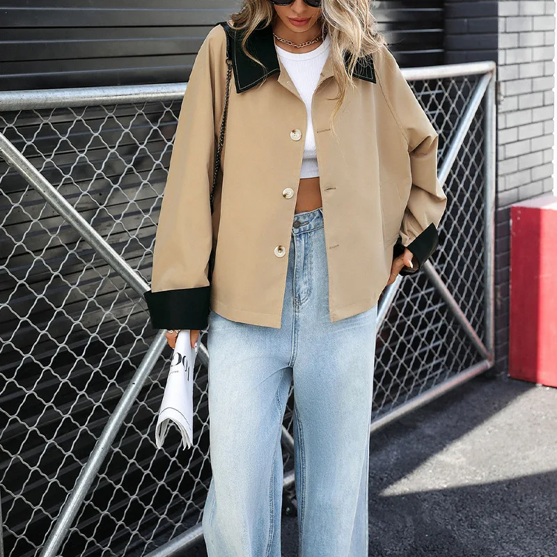 

Chic Autumn Female Jackets Coats and Winter Casual Retro Style Single-breasted Loose Lapel Contrasting Coat Women Y2K
