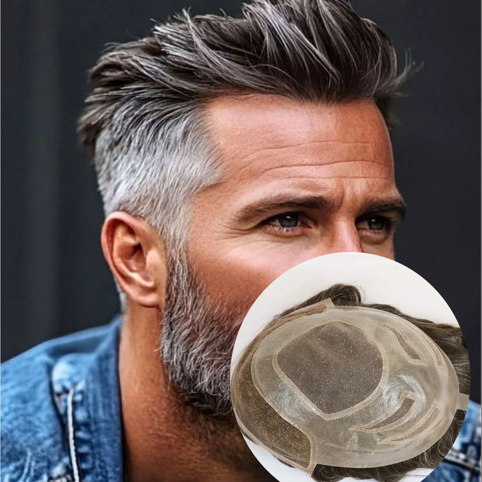 

Дышащие универсальные кружевные и тонкие из искусственной кожи, 100% человеческие волосы 1B65 520 # Черный, серый, коричневый мужской парик, протезы от выпадения волос, отбеливающие узлы