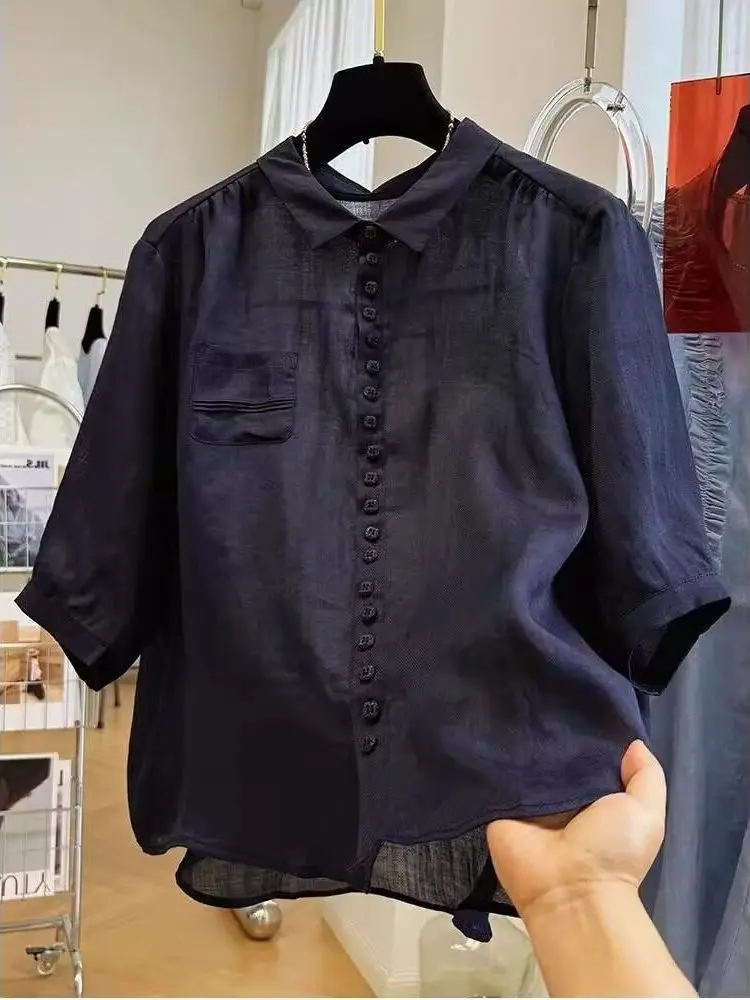 

plus Size Summer Thin Design Pure Color Casual Shirt Men's Unique Stylish Loose Fit Short Sleeve Neck Button up Top