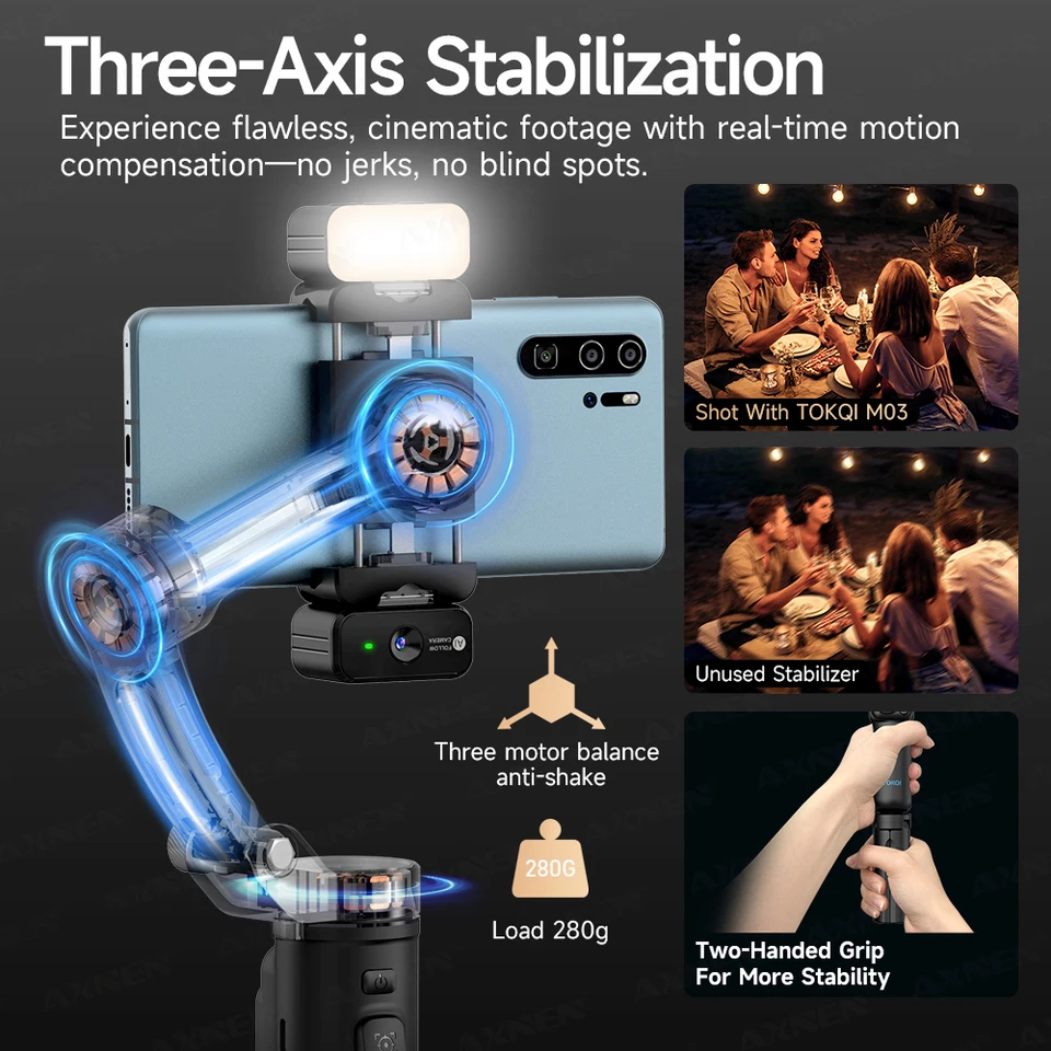 AI顔追跡3軸ジンバルスタビライザー、ワイヤレスマイク、磁気ライト