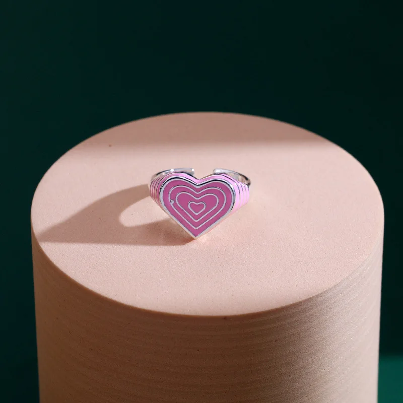 New Summer Niche Design Pink Heart Multi-layer Threaded 925 Sterling Silver Personality Love Sweet Opening Rings  TYB310